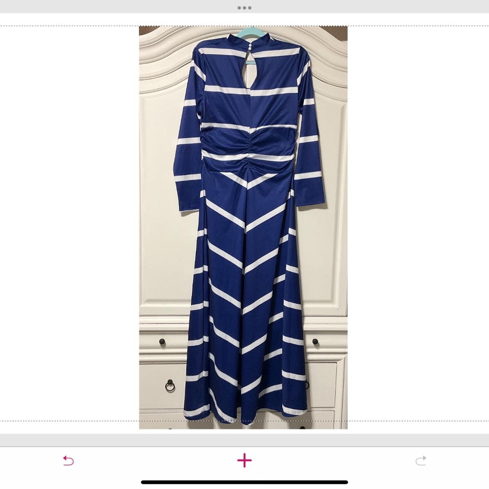 New Ladies size Medium Maxi dress blue/white wide stripes, ruched waist around - Picture 2 of 5
